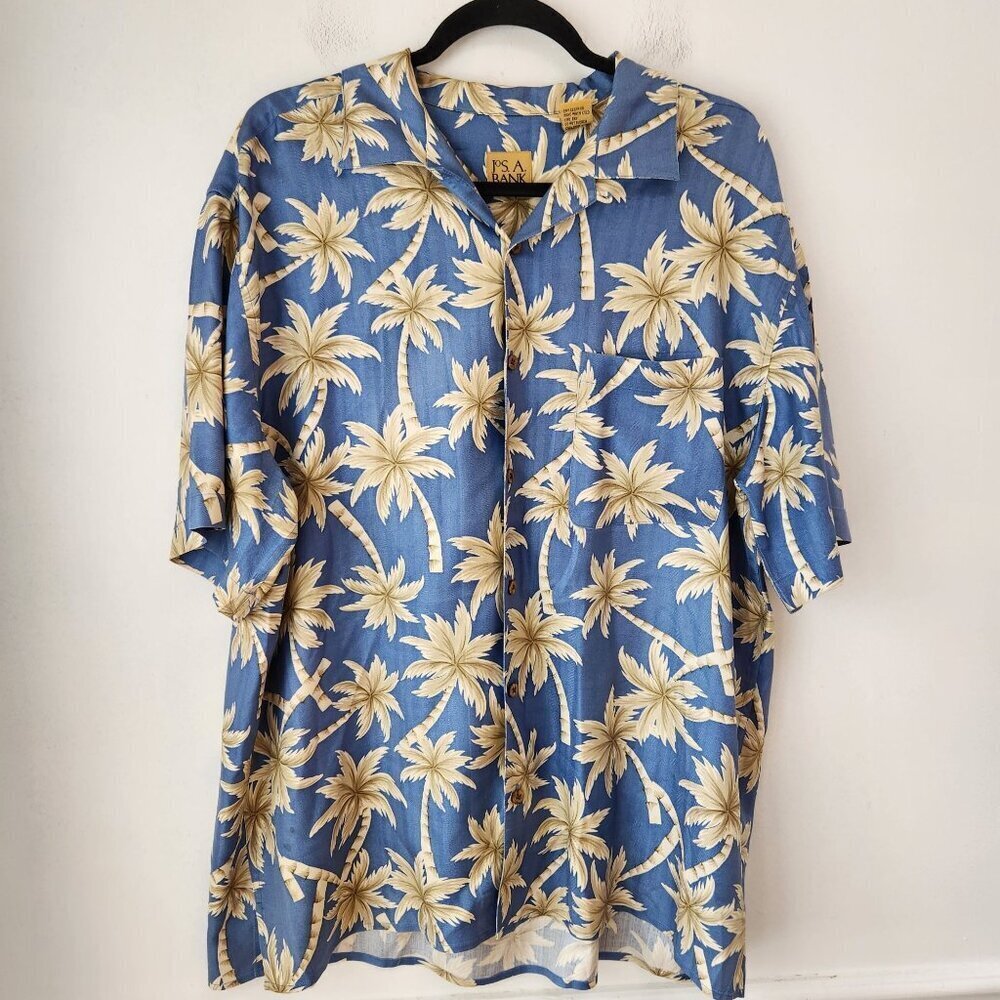 Jos A Bank 100% Silk Hawaiian Shirt Short Sleeves Blue Palm Trees Button Down L